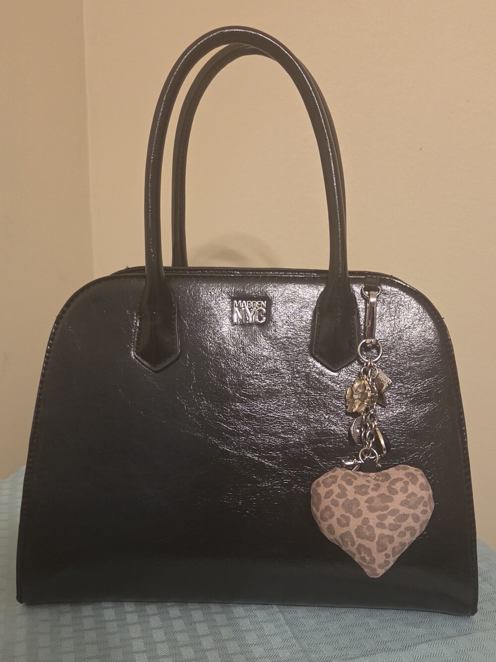 Madden Black Patent Dome Satchel with Leopard Heart Charm